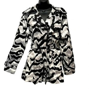 🍀2/$22 Kenneth Cole Animal Print Zip Belted Trench Coat White Black Womens Small